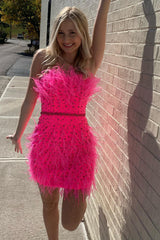 Strapless Red Mermaid Feathers Homecoming Dress with Beaded Belt