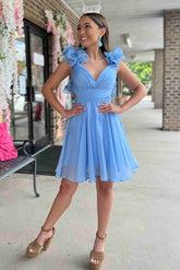 V-Neck Sky Blue Short Chiffon A-Line Party Dress