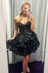 Red A-line Sequin Appliques Lace Short Party Dress with Bow