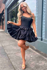 A-line Strapless Black Beaded Short Cocktail Dress with Bow