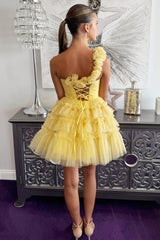A-line Yellow One Shoulder Ruffle Short Party Dress