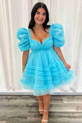 A-line Sweetheart Balloon Sleeves Ruffle Short Homecoming Dress