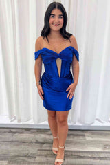 Off the Shoulder Royal Blue Satin Short Mermaid Homecoming Dress