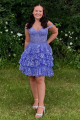 A-line Off the Shoulder Tulle Lace Applique Short Homecoming Dress