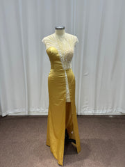 Mermaid Sleeveless Satin Gold Long Evening Dresses with Beaded