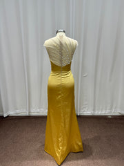 Mermaid Sleeveless Satin Gold Long Evening Dresses with Beaded