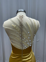 Mermaid Sleeveless Satin Gold Long Evening Dresses with Beaded