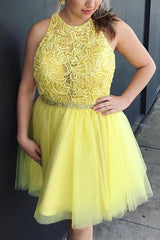 A-line Halter Yellow Tulle Lace Short Homecoming Dress