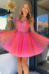 A-line Spaghetti Straps Tulle Backless Homecoming Dress with Applique Lace