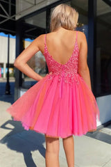 A-line Spaghetti Straps Tulle Backless Homecoming Dress with Applique Lace