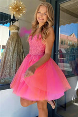 A-line Spaghetti Straps Tulle Backless Homecoming Dress with Applique Lace