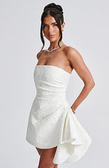 A-line Strapless Jacquard Satin Asymmetrical Lace up Sleeveless Short Homecoming Dress