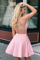 Beautiful A-line Satin Jewel Neck Beaded Homecoming Dress with Pockets