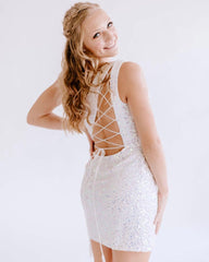 Mermaid Sequin Lace-Up One Shoulder Red Short Homecoming Dress