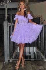 Off the Shoulder A-Line Ruffle Tulle Homecoming Dress