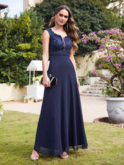 A Line Floral Lace Sleeveless Long Chiffon Wedding Guest Dresses