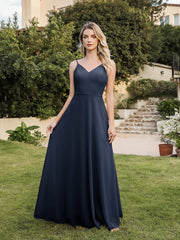 Long V-neck Backless Satin A-line Wedding Guest Dresses