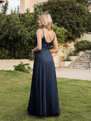 Long V-neck Backless Satin A-line Wedding Guest Dresses