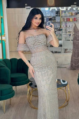 Mermaid Off the Shoulder Long Formal Evening Dresses with Detachable Train