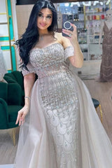 Mermaid Off the Shoulder Long Formal Evening Dresses with Detachable Train