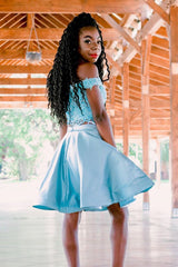 Off the Shoulder A-line Two Piece Satin Homecoming Dress with Pockets