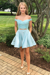 Off the Shoulder A-line Two Piece Satin Homecoming Dress with Pockets