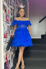 Off the Shoulder A-Line Ruffle Tulle Homecoming Dress