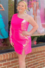 Mermaid Sequins One Shoulder Tight Homecoming Dress with Sleeves