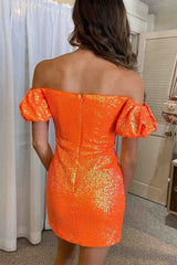 Orange Mermaid Off the Shoulder Sequins Short Homecoming Dress