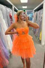 Short Orange A-Line Ruffle Tulle Homecoming Dress
