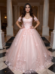 Long Off the Shoulder Tulle Applique Lace Ball Gown Prom Dresses with Bow