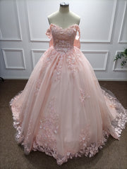 Long Off the Shoulder Tulle Applique Lace Ball Gown Prom Dresses with Bow