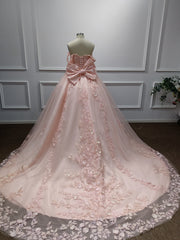 Long Off the Shoulder Tulle Applique Lace Ball Gown Prom Dresses with Bow