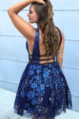 Dark Navy Short A-line V-Neck Tulle Lace Open Back Homecoming Dress