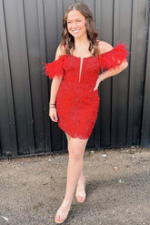 Red Mermaid Off the Shoulder Feathers Appliques Homecoming Dress