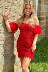 Red Short Off the Shoulder Appliques Tulle Mermaid Homecoming Dress