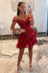 Burgundy Off the Shoulder Tulle A-line Ruffles Homecoming Dress