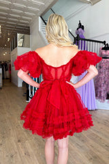 Red Off the Shoulder Tulle Ruffle-Layers A-line Homecoming Dress