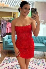 Red Strapless Mermaid Appliques Lace Bodycon Homecoming Dress