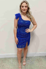 Royal Blue Short Mermaid One Shoulder Sequin Homecoming Dress with Feather