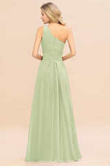 Elegant Sage A-line Chiffon Ruffles One Shoulder Long Bridesmaid Dress