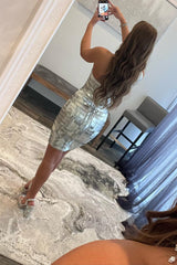 Silver One Shoulder Sequins Mermaid Homecoming Dress