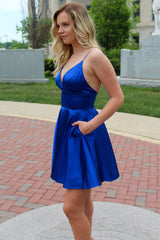 Royal Blue Short A-line Spaghetti Straps Backless Homecoming Dress with Pockets