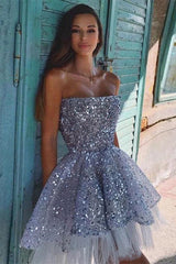 Sparkle Strapless Silver Sequins Short A-line Homecoming Dress