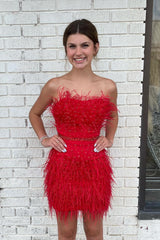Strapless Red Mermaid Feathers Homecoming Dress with Beaded Belt