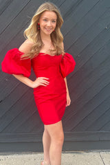 Mermaid Strapless Red Satin Short Homecoming Dress with Balloon Sleeves