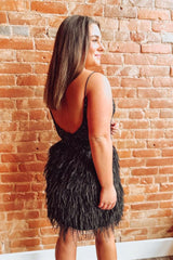 Straps Black Beaded Mermaid Homecoming Dress with Feathers