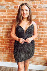 Straps Black Beaded Mermaid Homecoming Dress with Feathers