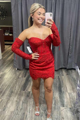 Sweetheart Dark Navy Mermaid Short Lace Homecoming Dress with Sleeves