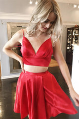 Two Piece Red A-line Satin Open Back Homecoming Dress with Tie Back